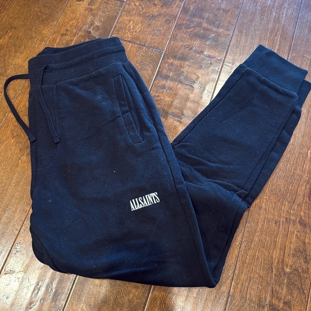 All Saints Black Logo Joggers with White Branding